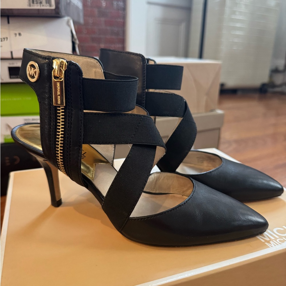 Michael Kors Black Strappy Heels with Gold Accents
